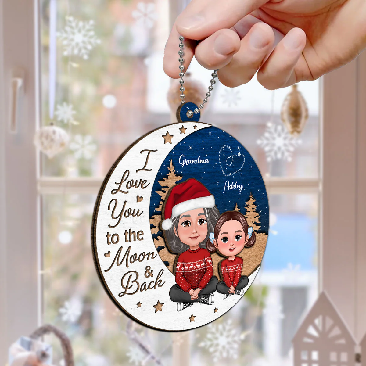 Grandma Grandkid Love You To Moon And Back Christmas Personalized 2-Layer Wooden Ornament - Image 6