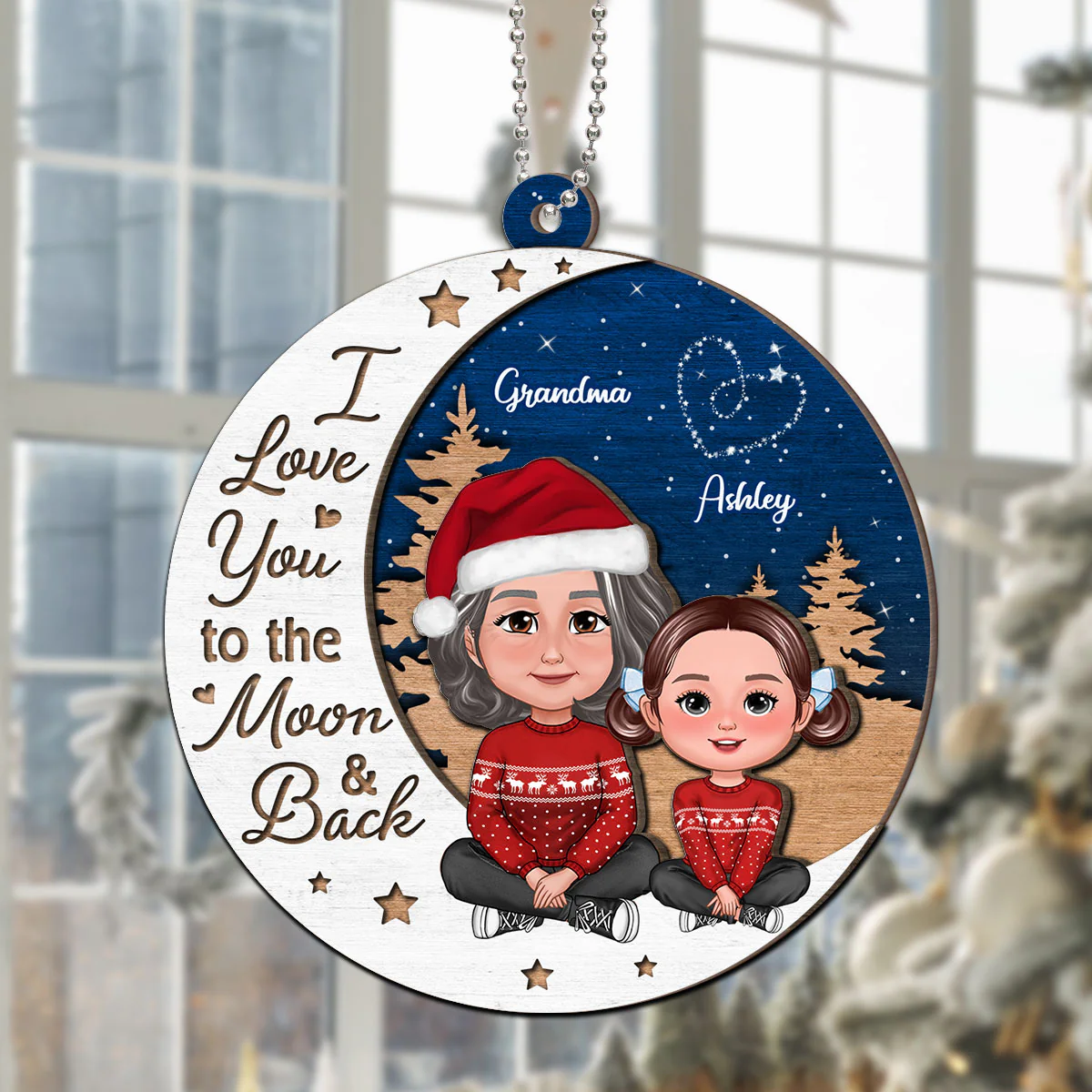 Grandma Grandkid Love You To Moon And Back Christmas Personalized 2-Layer Wooden Ornament - Image 7