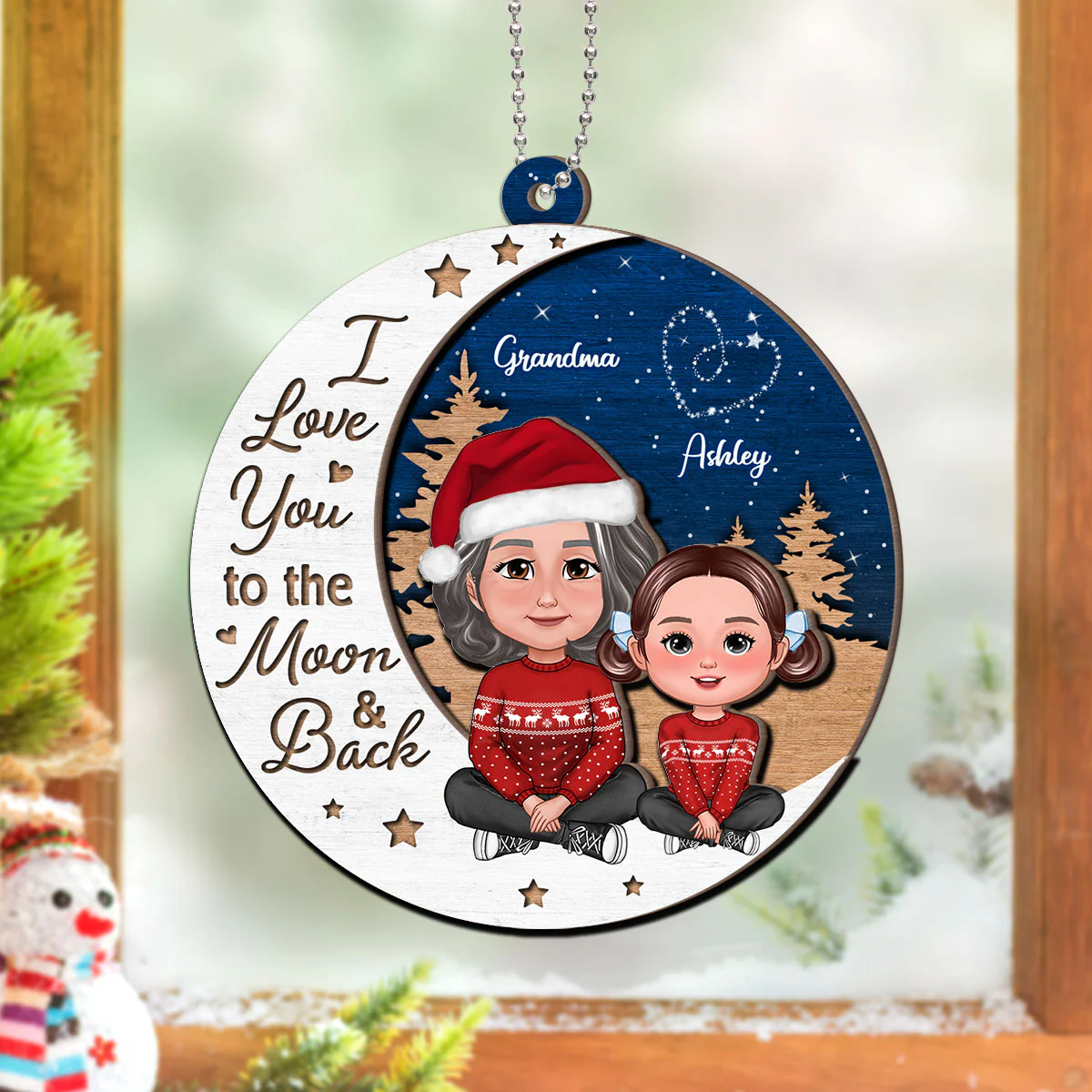 Grandma Grandkid Love You To Moon And Back Christmas Personalized 2-Layer Wooden Ornament - Image 8