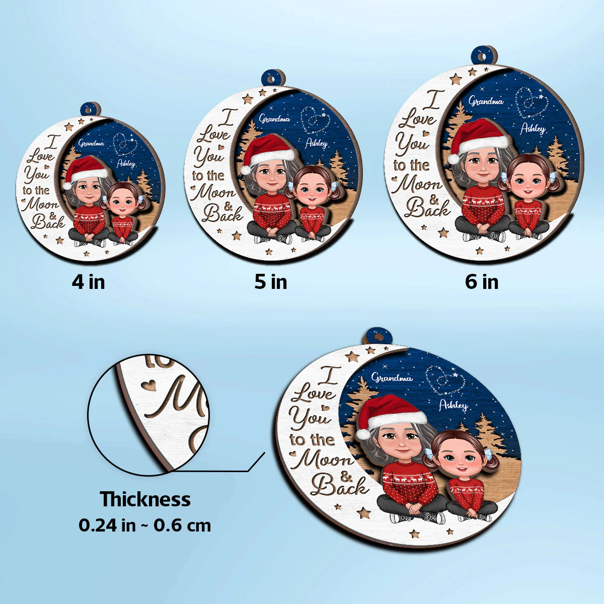 Grandma Grandkid Love You To Moon And Back Christmas Personalized 2-Layer Wooden Ornament - Image 9