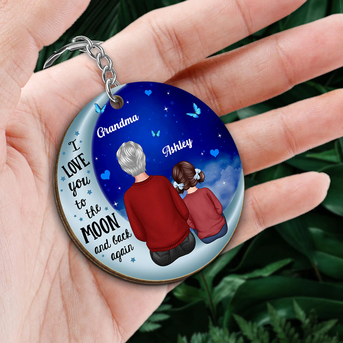 Grandma Grandkid On Blue Moon Gift For Grandma Granddaughter Grandson Personalized Wooden Keychain - Image 2