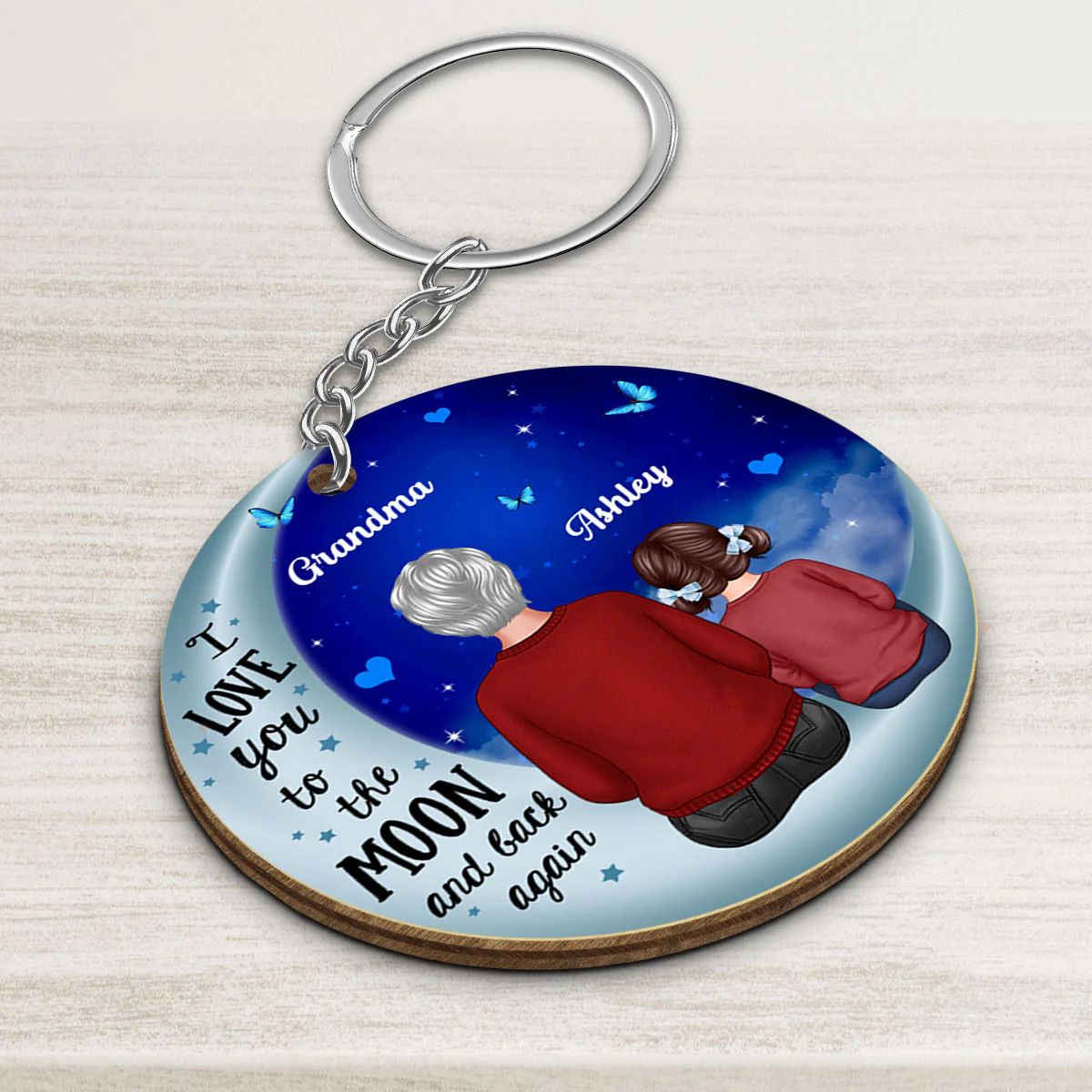 Grandma Grandkid On Blue Moon Gift For Grandma Granddaughter Grandson Personalized Wooden Keychain - Image 3