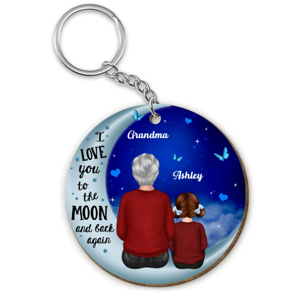 Grandma Grandkid On Blue Moon Gift For Grandma Granddaughter Grandson Personalized Wooden Keychain - Image 4