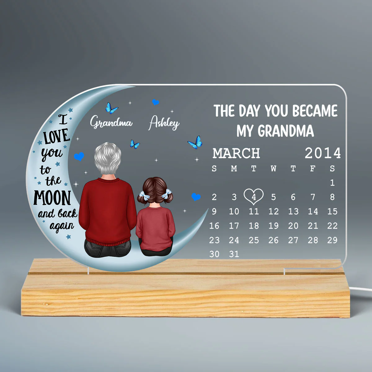 Grandma Grandkid On Blue Moon The Day You Became Birthday Calendar Personalized Custom Shape Acrylic Plaque With LED Night Light - Image 2
