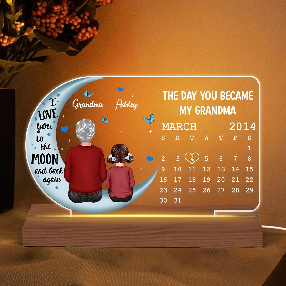 Grandma Grandkid On Blue Moon The Day You Became Birthday Calendar Personalized Custom Shape Acrylic Plaque With LED Night Light - Image 3