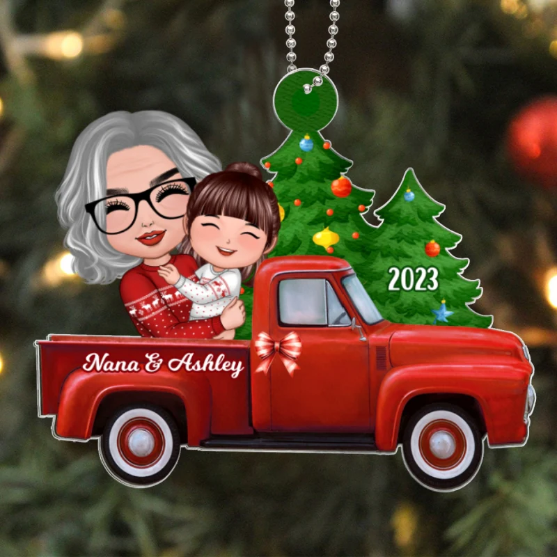 Grandma Grandkid On Christmas Truck Personalized Acrylic Ornament - Image 5