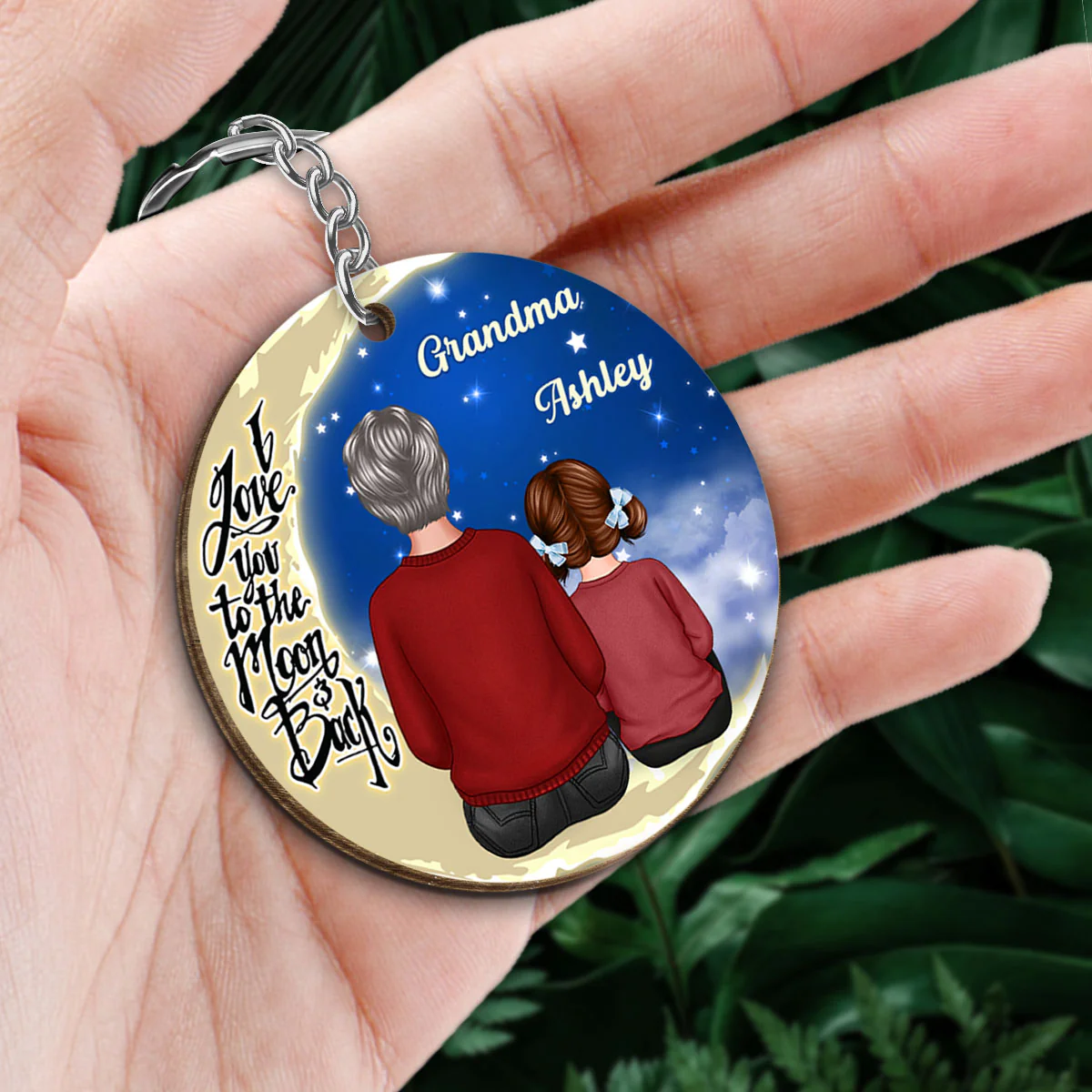 Grandma Grandkid On Moon Gift For Grandma Granddaughter Grandson Personalized Wooden Keychain - Image 2