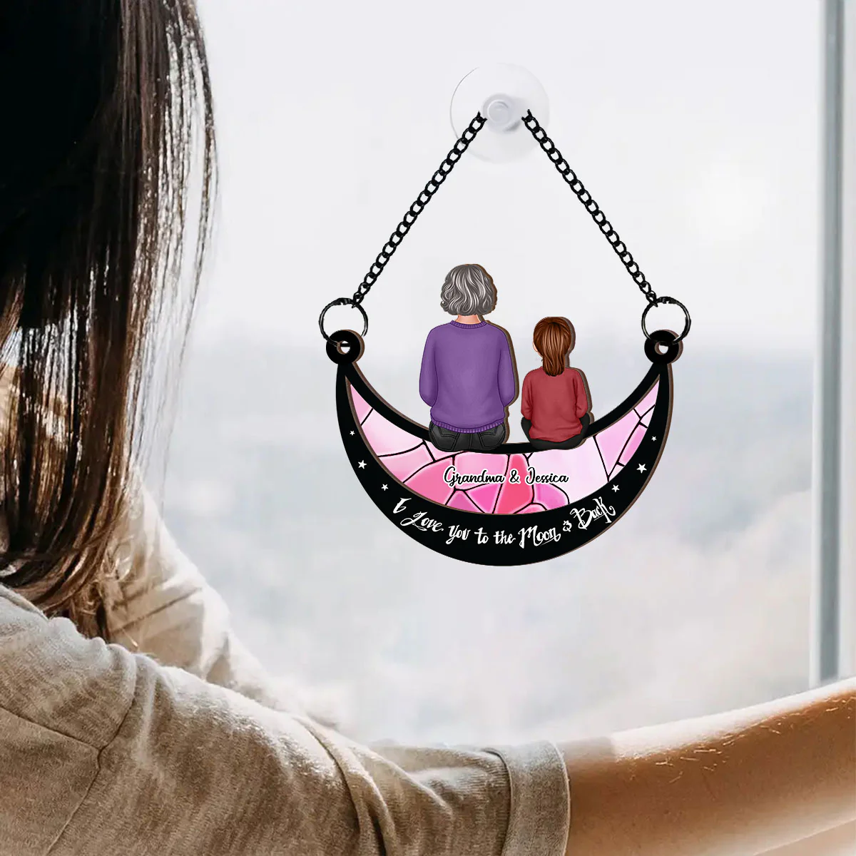 Grandma Grandkid On Moon Personalized Window Hanging Suncatcher Ornament, Gift for Mom, for Grandma - Image 5