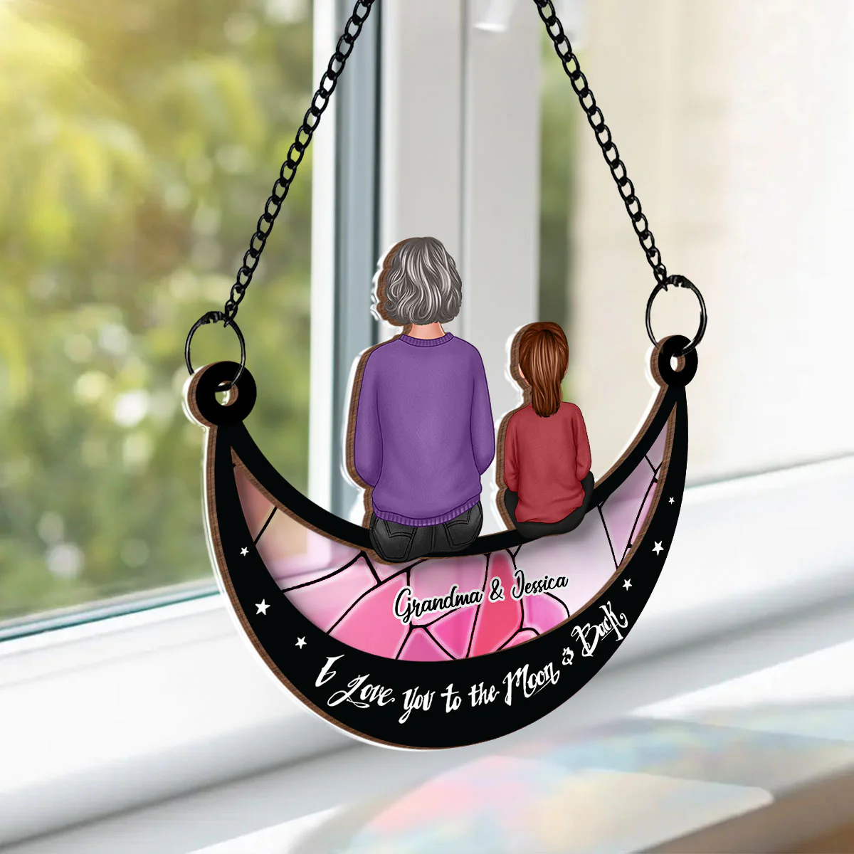 Grandma Grandkid On Moon Personalized Window Hanging Suncatcher Ornament, Gift for Mom, for Grandma - Image 6