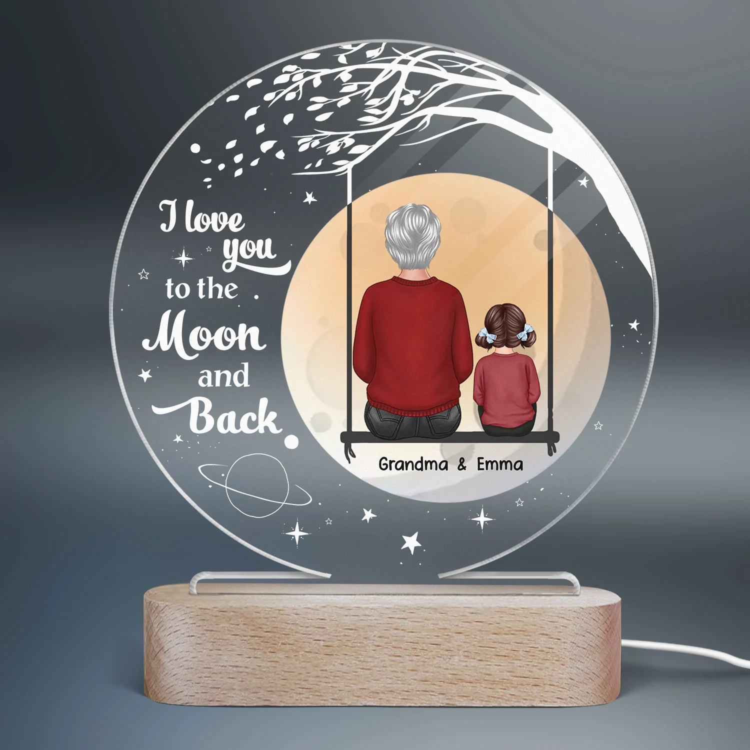 Grandma Grandkid On Swing Big Moon Personalized Circle Acrylic Plaque With LED Night Light - Image 2