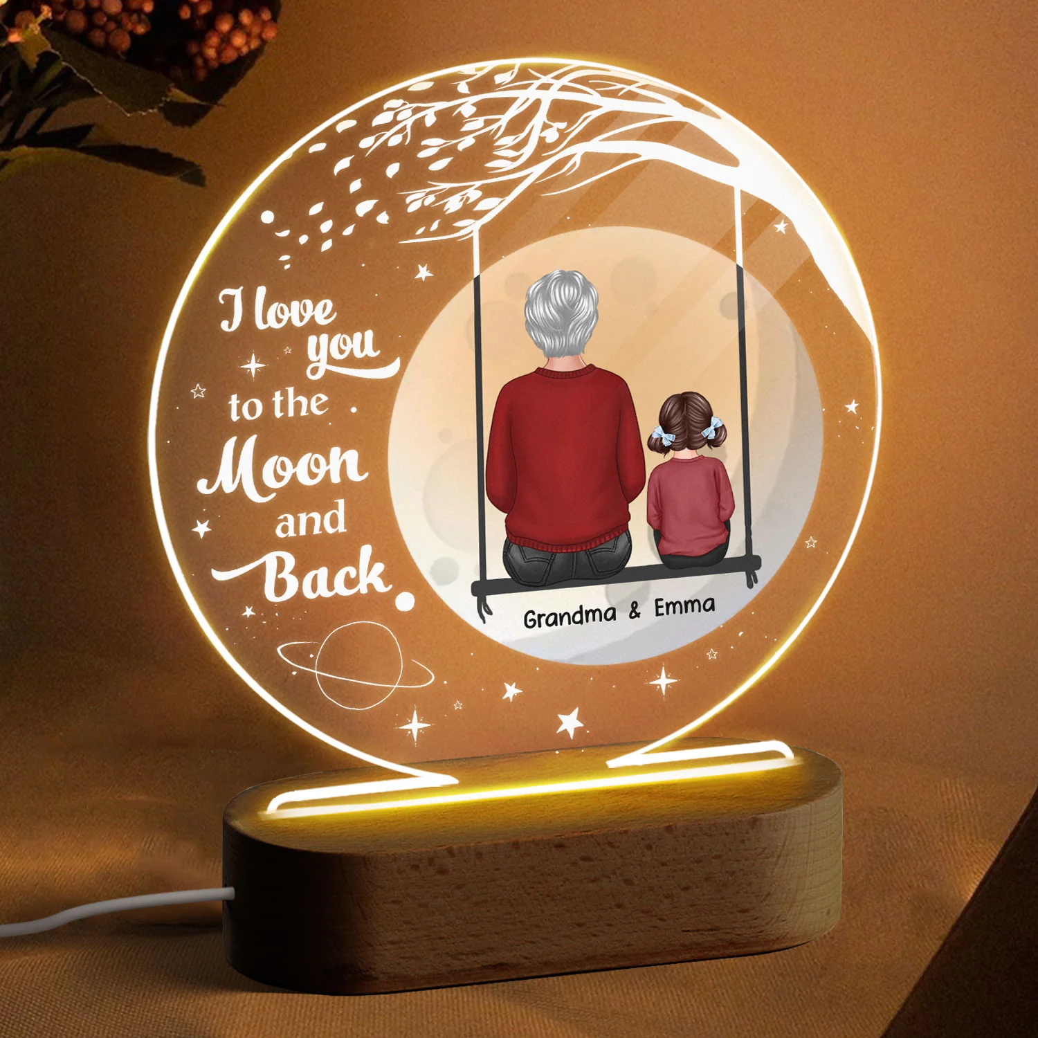Grandma Grandkid On Swing Big Moon Personalized Circle Acrylic Plaque With LED Night Light - Image 3