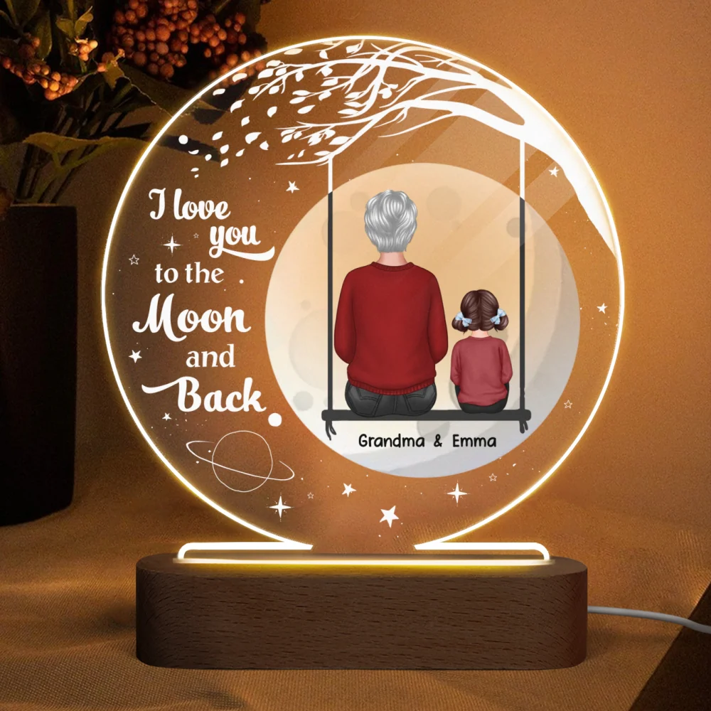 Grandma Grandkid On Swing Big Moon Personalized Circle Acrylic Plaque With LED Night Light - Image 4