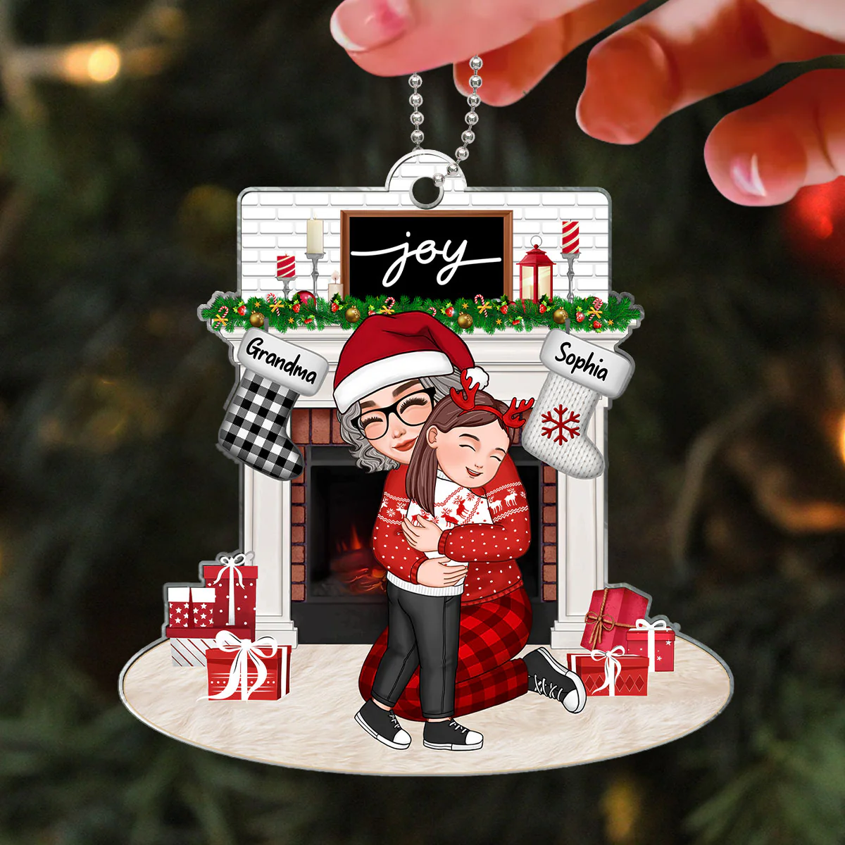 Grandma Grandkid Sitting By Fireplace Personalized Acrylic Ornament - Image 3