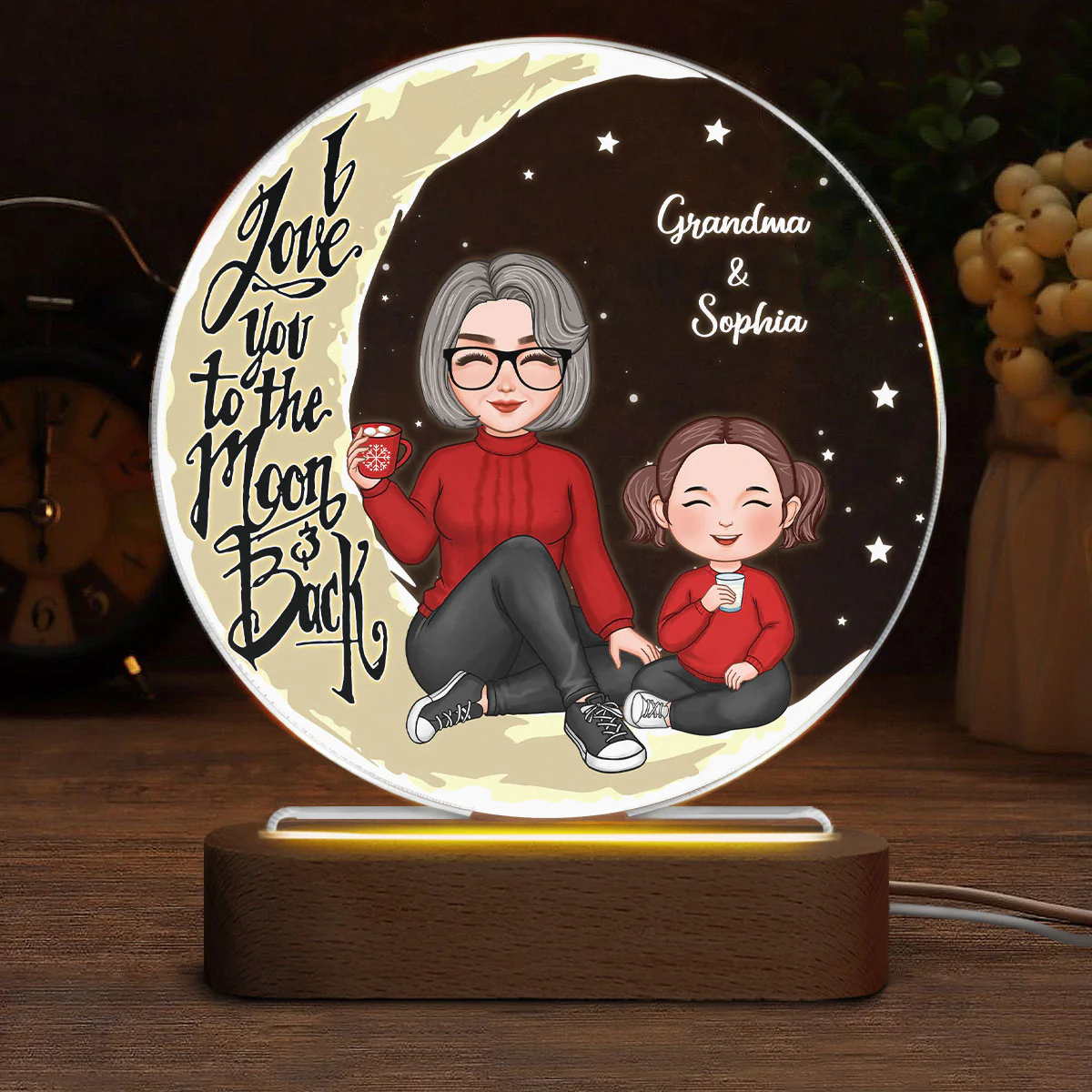 Grandma Grandkid Sitting Love You To The Moon And Back Gift For Granddaughter Grandson Personalized Acrylic Plaque Circle LED Night Light - Image 3