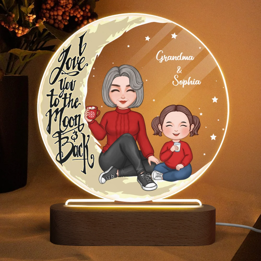 Grandma Grandkid Sitting Love You To The Moon And Back Gift For Granddaughter Grandson Personalized Acrylic Plaque Circle LED Night Light - Image 4
