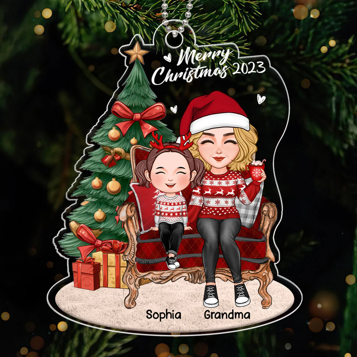 Grandma Grandkid Sitting On Chair By Christmas Tree Personalized Acrylic Ornament