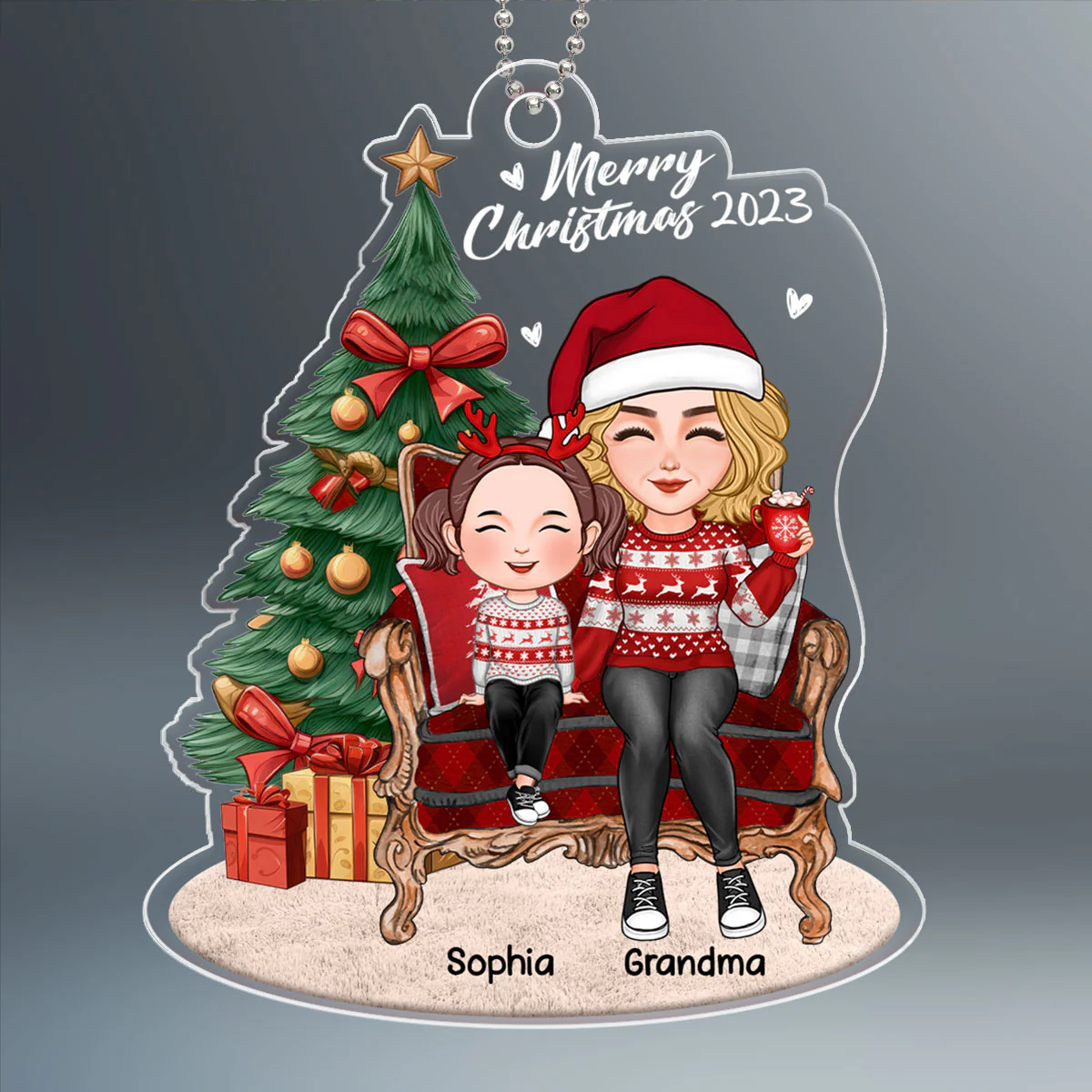 Grandma Grandkid Sitting On Chair By Christmas Tree Personalized Acrylic Ornament - Image 2