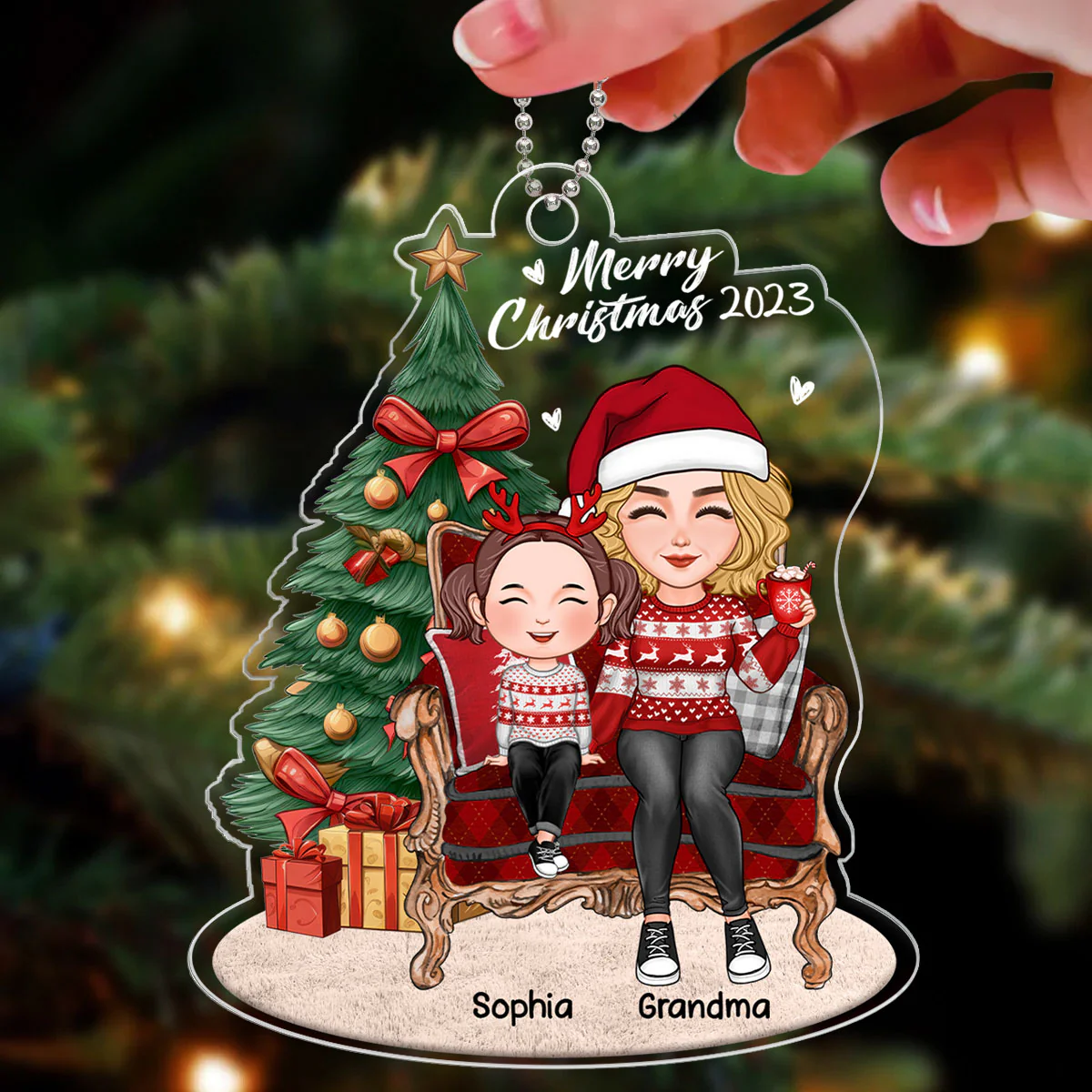 Grandma Grandkid Sitting On Chair By Christmas Tree Personalized Acrylic Ornament - Image 3