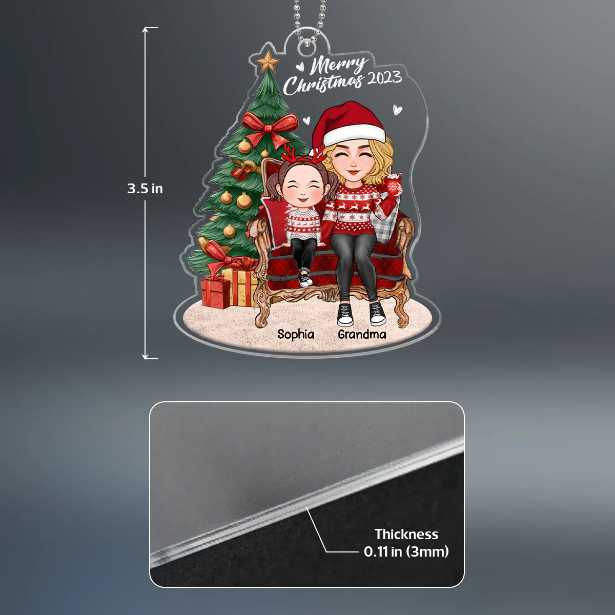 Grandma Grandkid Sitting On Chair By Christmas Tree Personalized Acrylic Ornament - Image 4