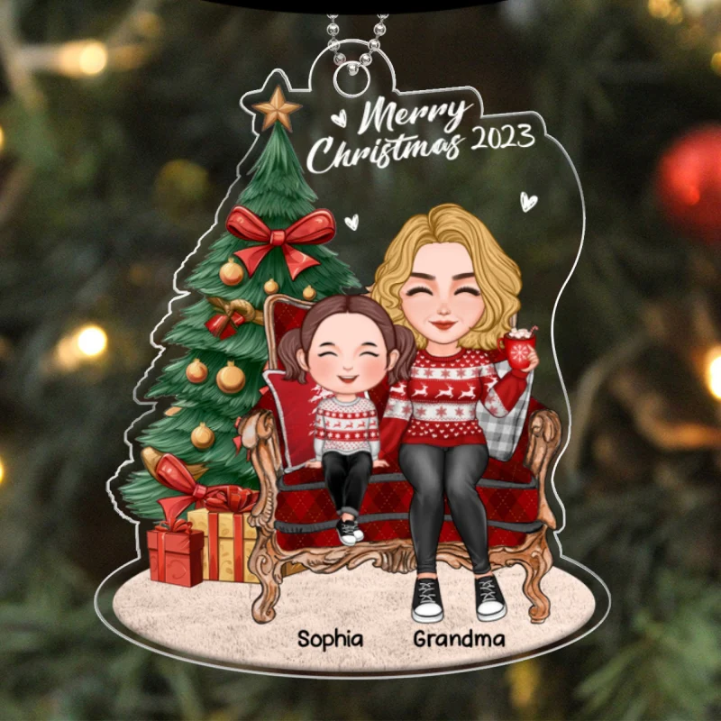 Grandma Grandkid Sitting On Chair By Christmas Tree Personalized Acrylic Ornament - Image 5