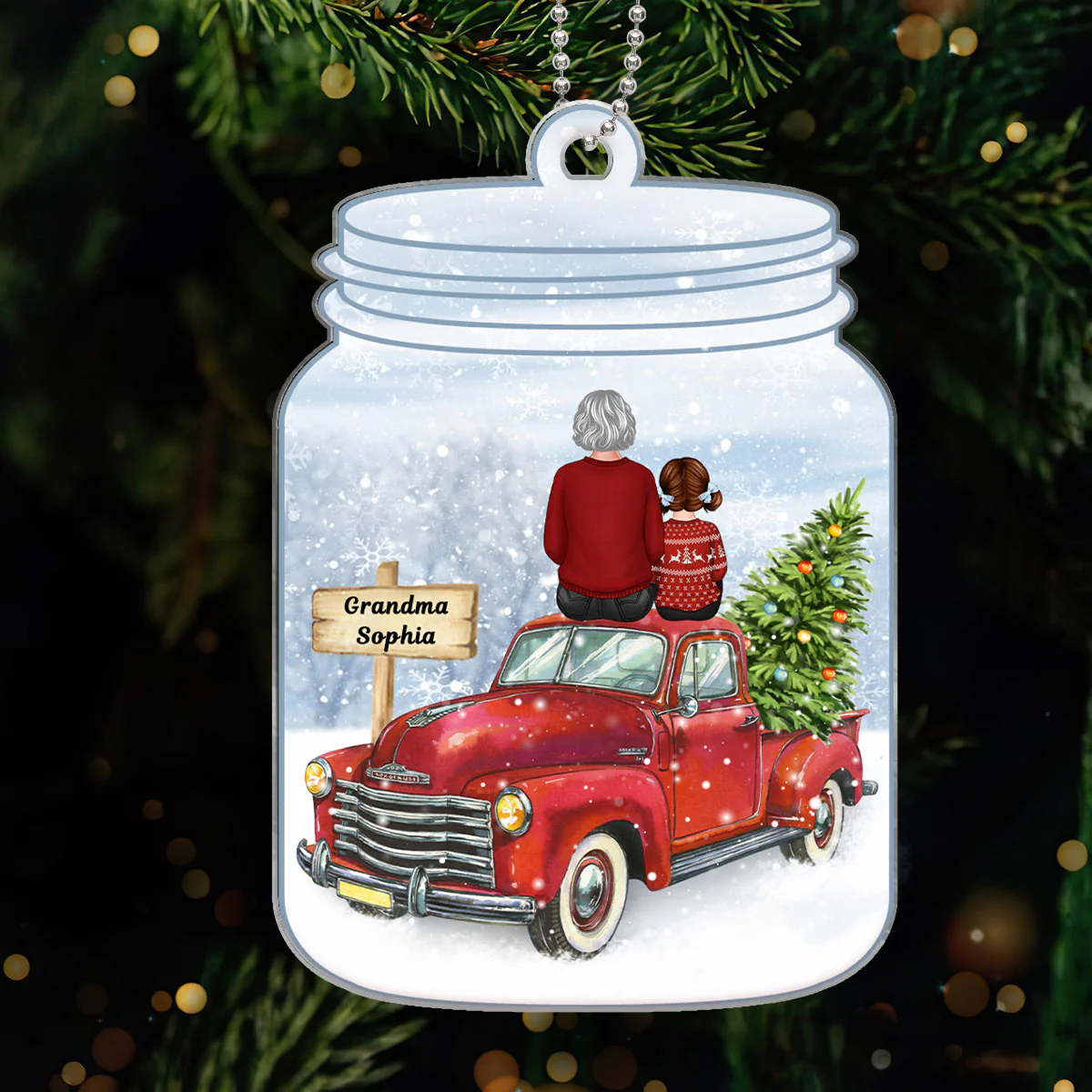 Grandma Grandkid Sitting On Christmas Truck In Mason Jar Personalized Acrylic Ornament