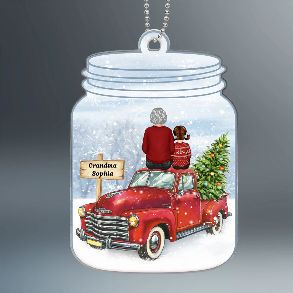 Grandma Grandkid Sitting On Christmas Truck In Mason Jar Personalized Acrylic Ornament - Image 2