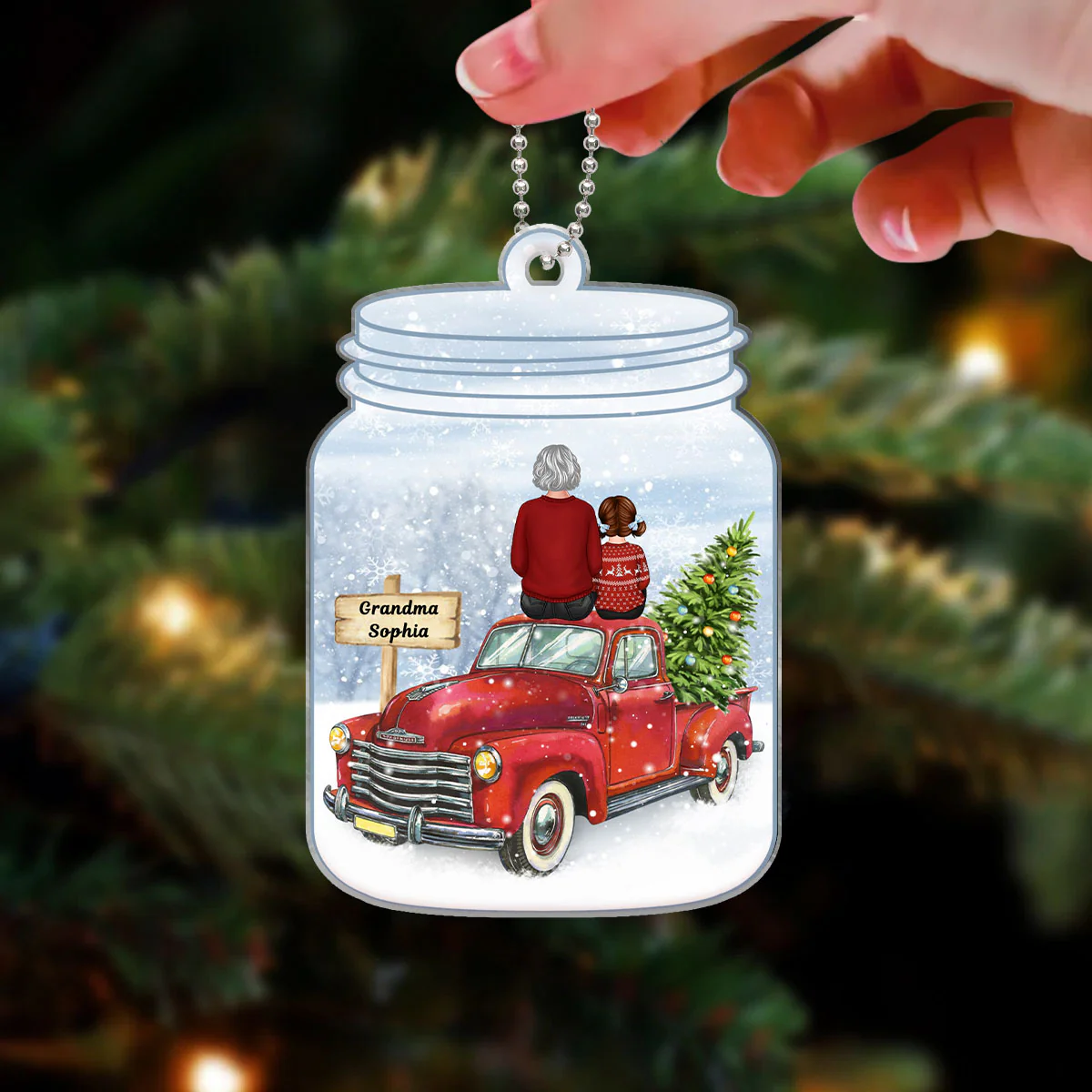 Grandma Grandkid Sitting On Christmas Truck In Mason Jar Personalized Acrylic Ornament - Image 3