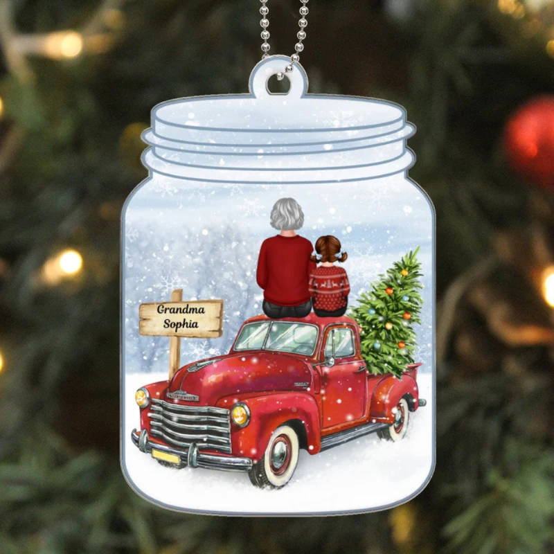 Grandma Grandkid Sitting On Christmas Truck In Mason Jar Personalized Acrylic Ornament - Image 5