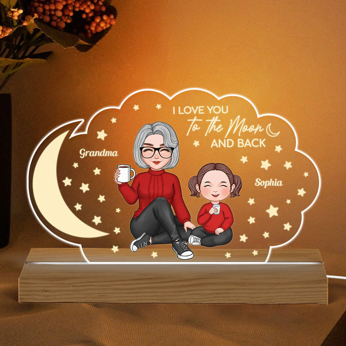 Grandma Grandkid Sitting Love You To The Moon And Back Gift For Granddaughter Grandson Personalized Custom Shape Acrylic Plaque LED Night Light - Image 2