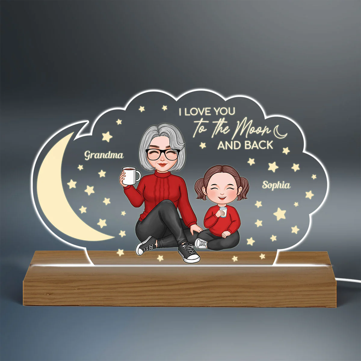 Grandma Grandkid Sitting Love You To The Moon And Back Gift For Granddaughter Grandson Personalized Custom Shape Acrylic Plaque LED Night Light - Image 3