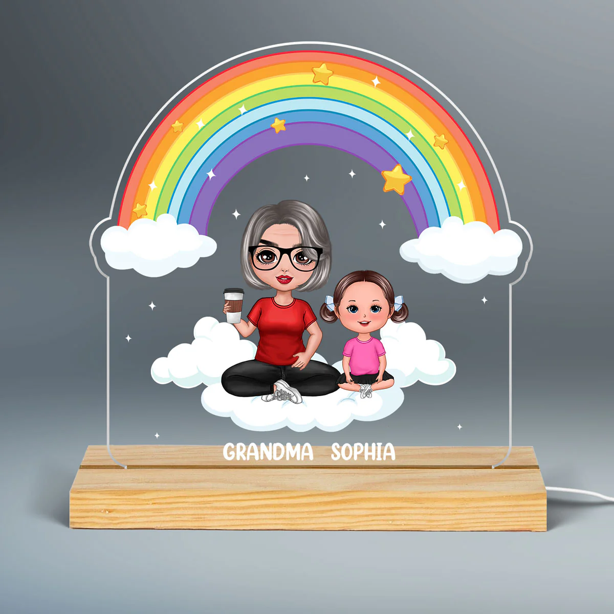 Grandma Grandkid Under The Rainbow Personalized Custom Shape Acrylic Plaque LED Night Light - Image 2