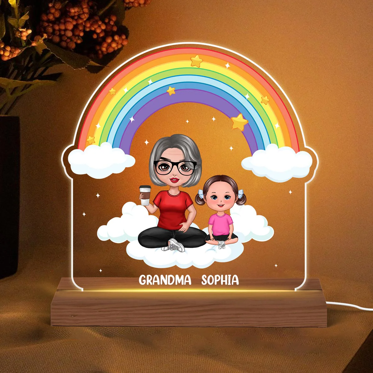 Grandma Grandkid Under The Rainbow Personalized Custom Shape Acrylic Plaque LED Night Light - Image 3