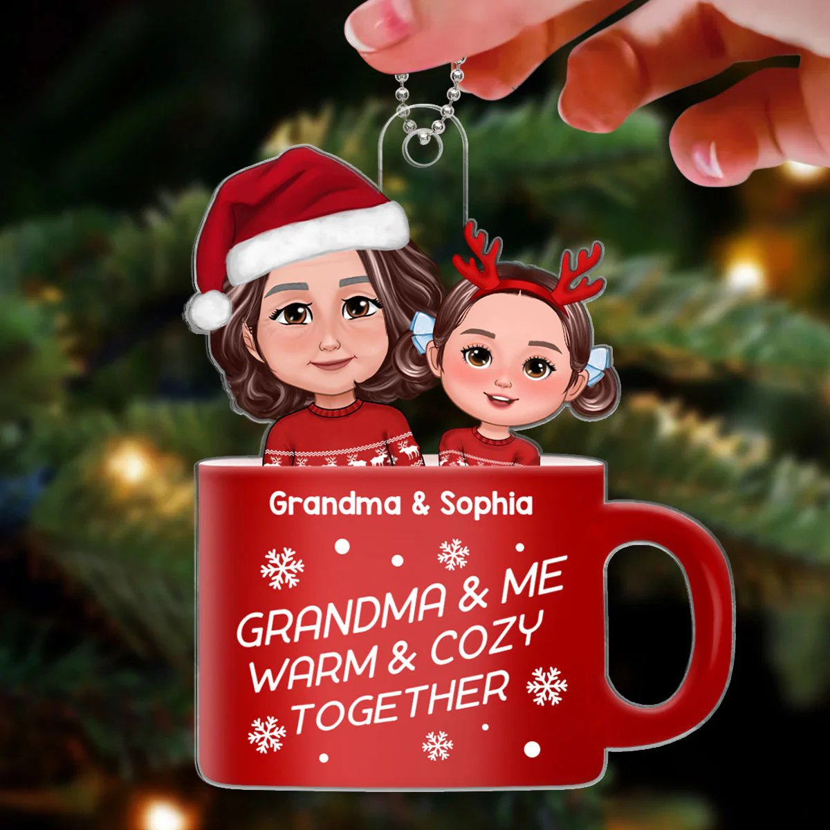 Grandma & Grandkid Warm & Cozy Together Hot Cocoa Christmas Gift Personalized Acrylic Ornament - Image 3