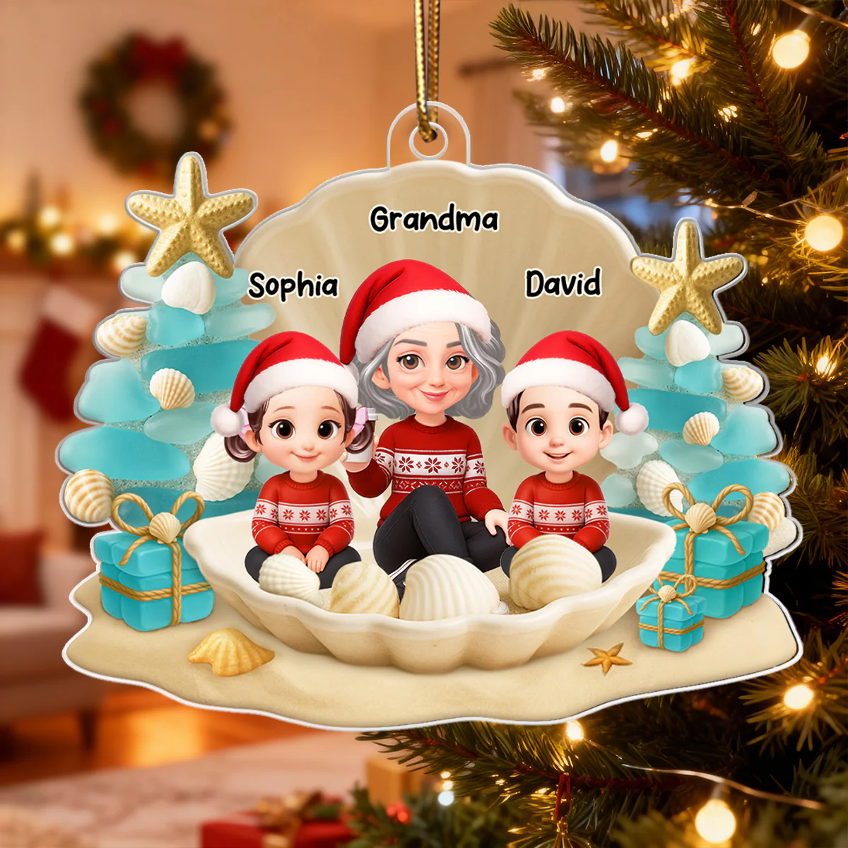 Grandma Grandkids 3D Beach-Inspired Sea Glass - Personalized Acrylic Ornament - Christmas Gift for Grandkids, Grandma - Image 3