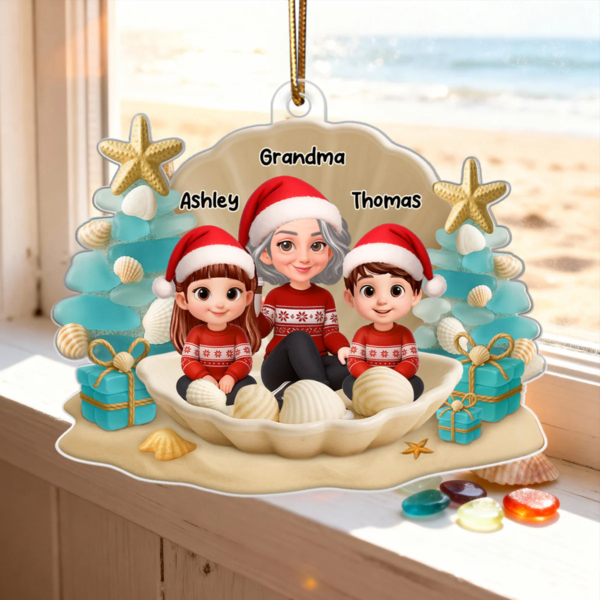 Grandma Grandkids 3D Beach-Inspired Sea Glass - Personalized Acrylic Ornament - Christmas Gift for Grandkids, Grandma - Image 5