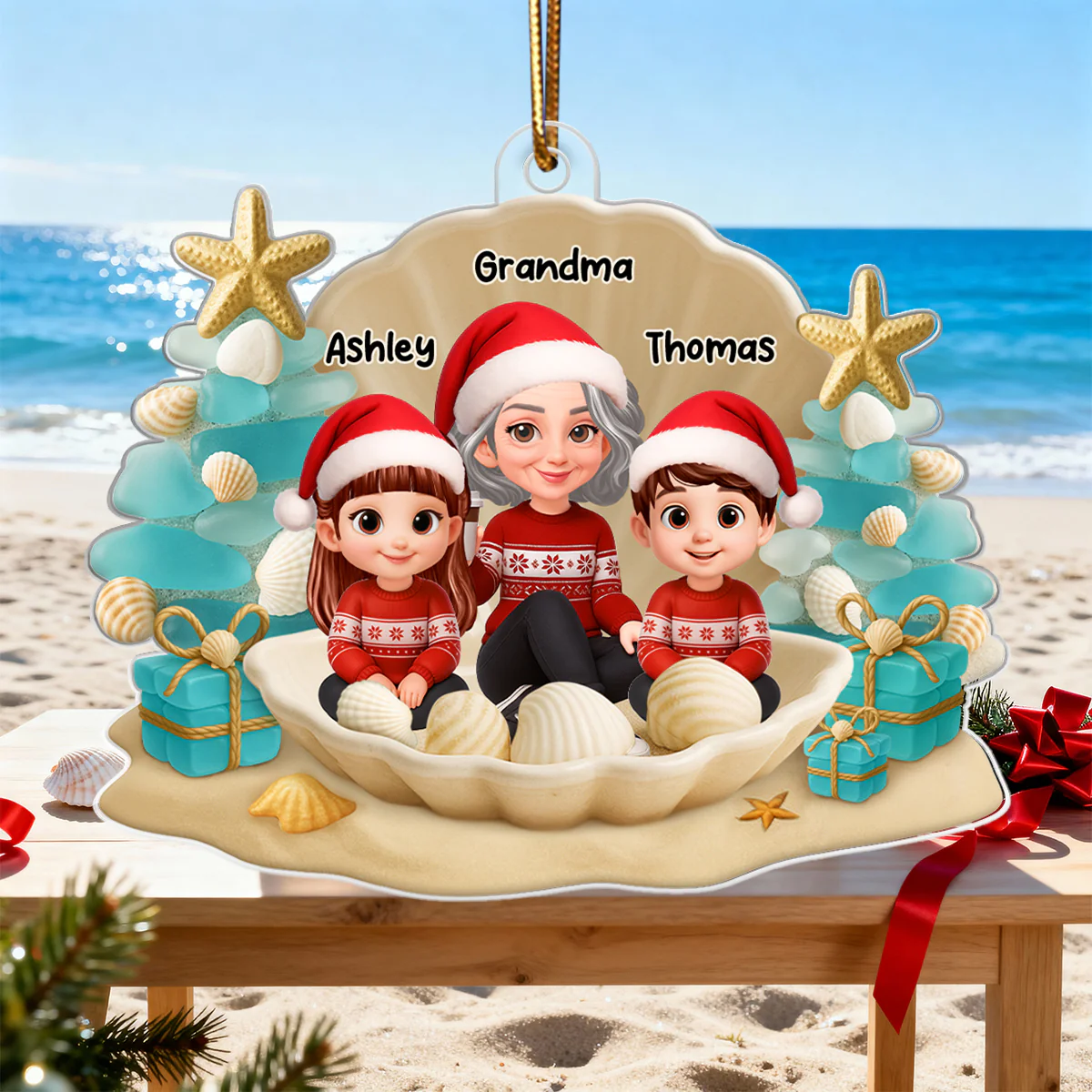 Grandma Grandkids 3D Beach-Inspired Sea Glass - Personalized Acrylic Ornament - Christmas Gift for Grandkids, Grandma - Image 6
