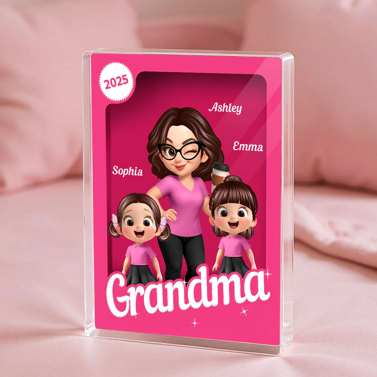 Grandma Grandkids 3D Effect Pink Action Figure Personalized Acrylic Block