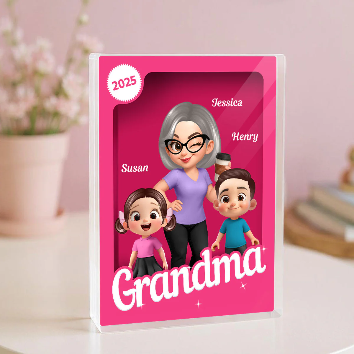 Grandma Grandkids 3D Effect Pink Action Figure Personalized Acrylic Block - Image 2