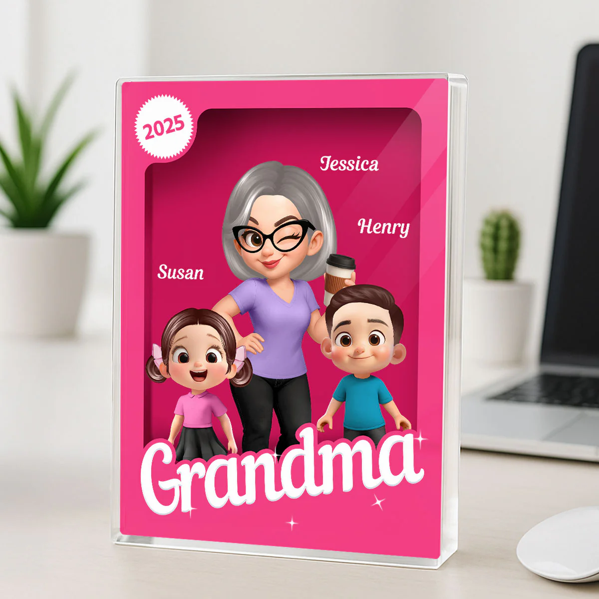 Grandma Grandkids 3D Effect Pink Action Figure Personalized Acrylic Block - Image 5