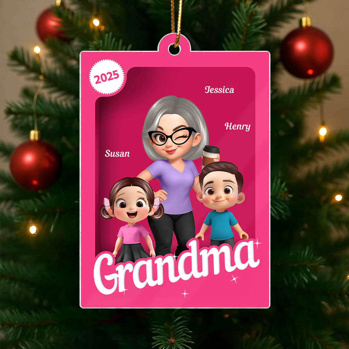 Grandma Grandkids 3D Effect Pink Action Figure - Personalized Acrylic Ornament, Christmas Gift for Grandmas - Image 2