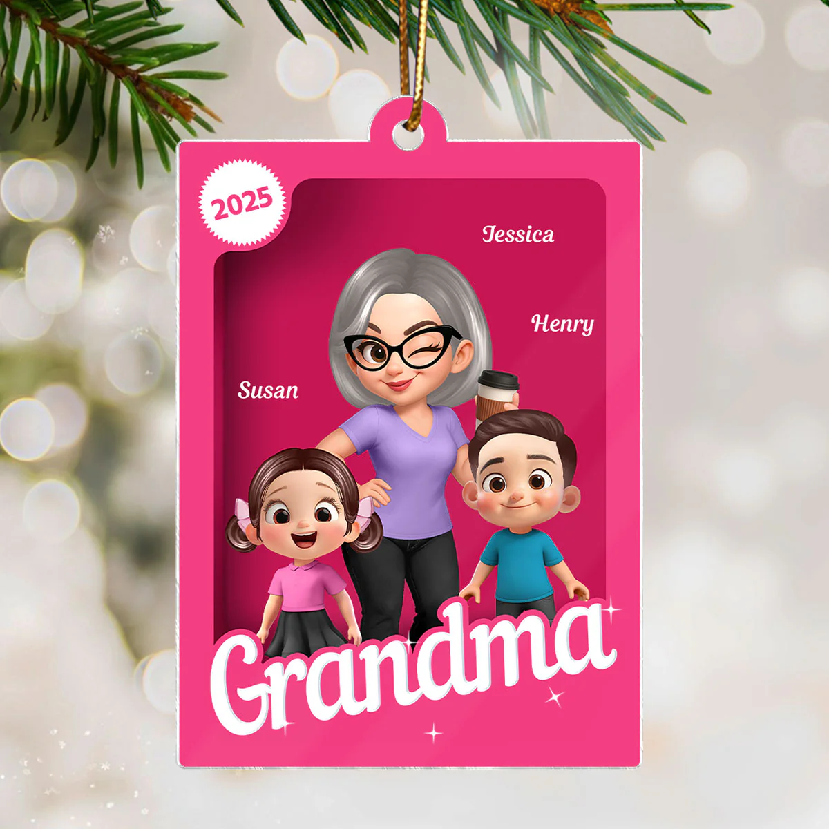 Grandma Grandkids 3D Effect Pink Action Figure - Personalized Acrylic Ornament, Christmas Gift for Grandmas - Image 5