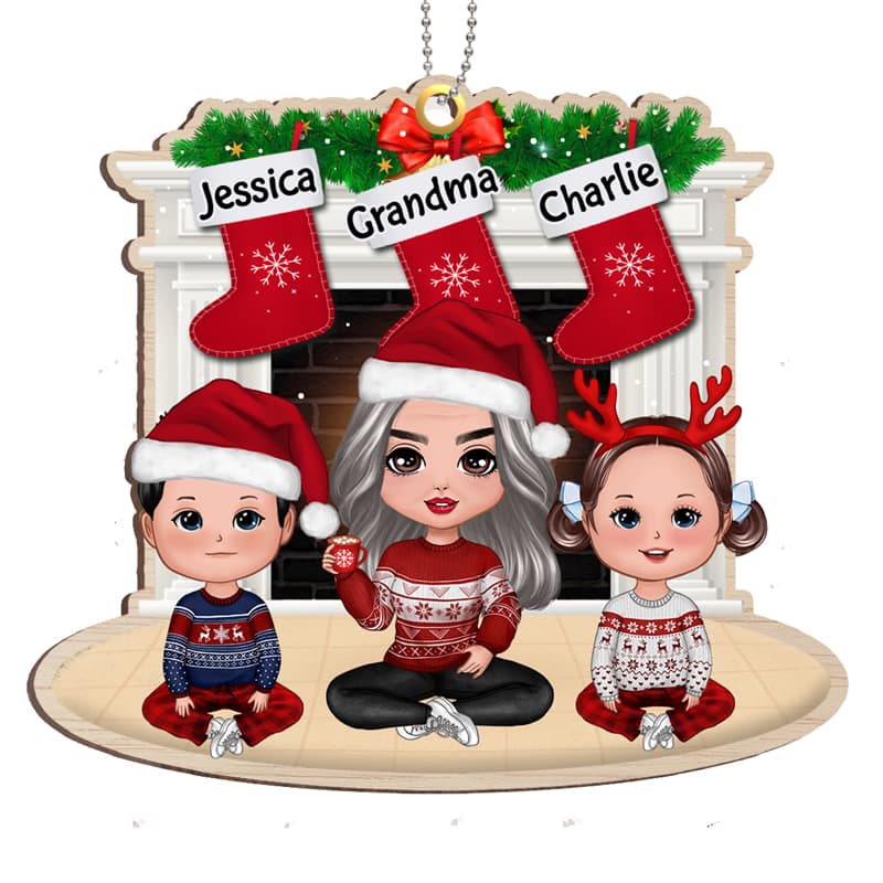 Grandma & Grandkids At Fireplace Personalized Wooden Ornament
