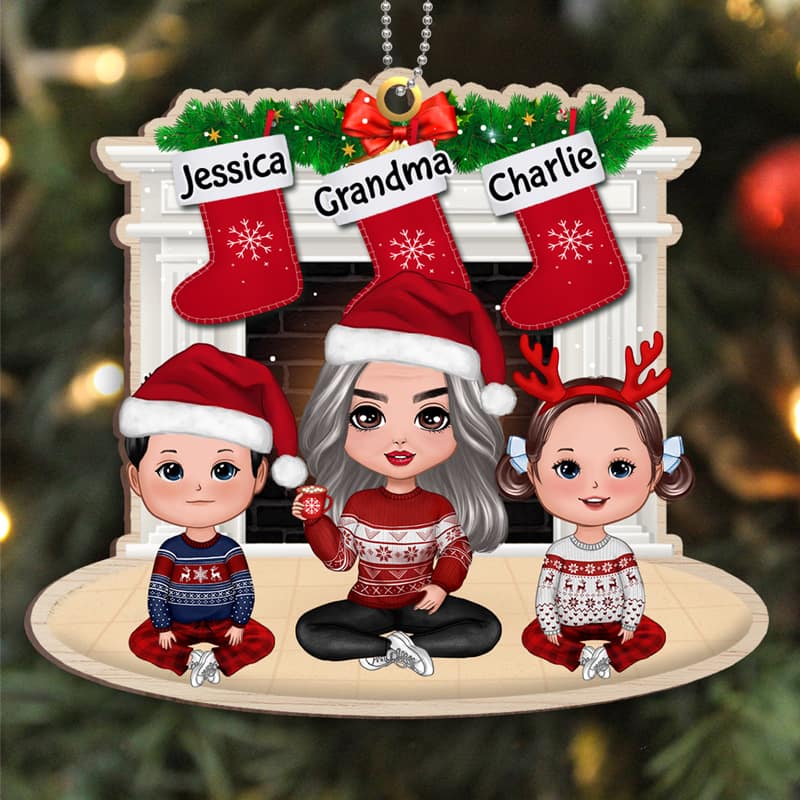 Grandma & Grandkids At Fireplace Personalized Wooden Ornament - Image 3