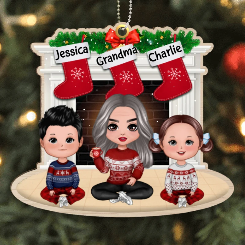 Grandma & Grandkids At Fireplace Personalized Wooden Ornament - Image 4
