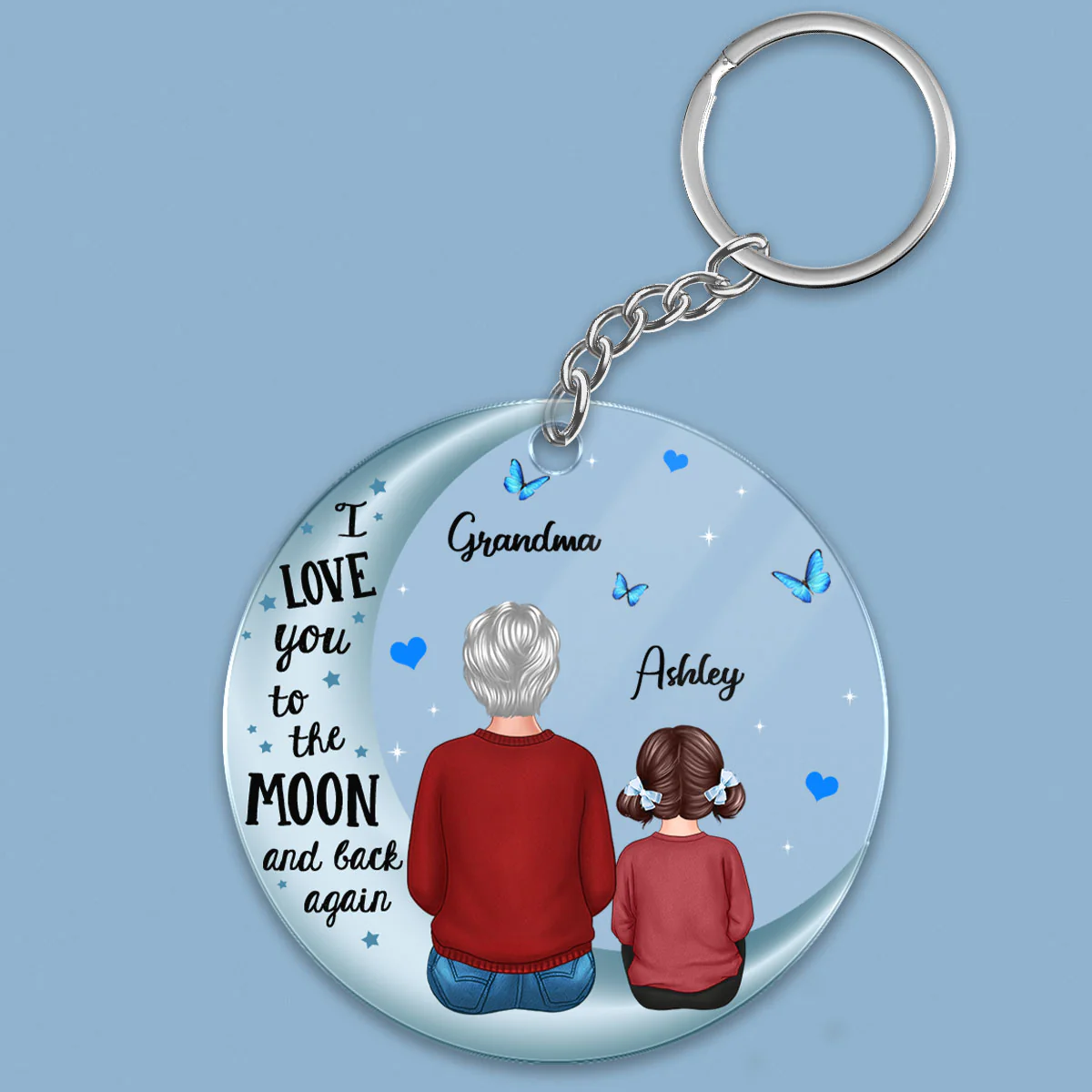 Grandma & Grandkids Back View On Blue Moon Personalized Acrylic Keychain - Image 2