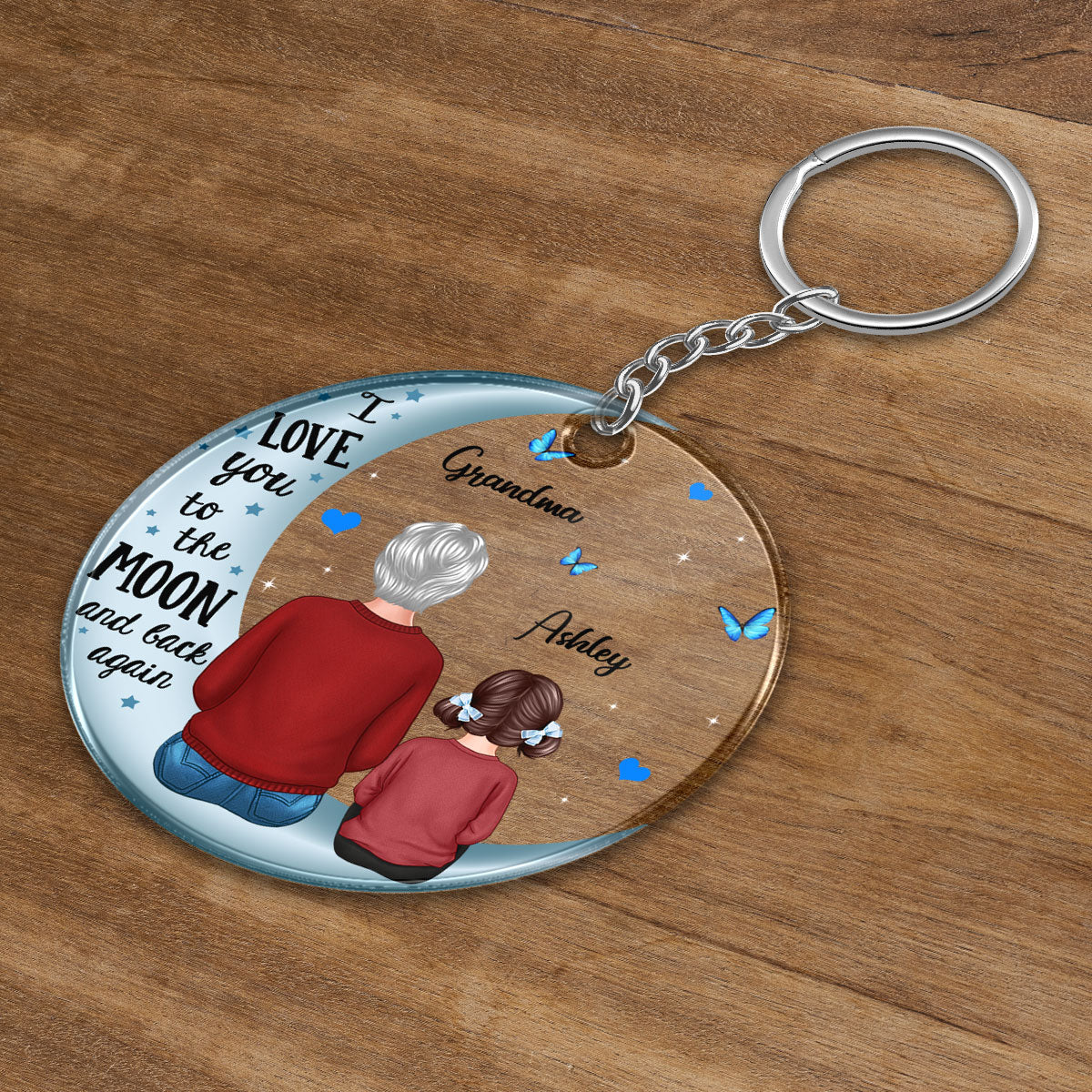 Grandma & Grandkids Back View On Blue Moon Personalized Acrylic Keychain - Image 3