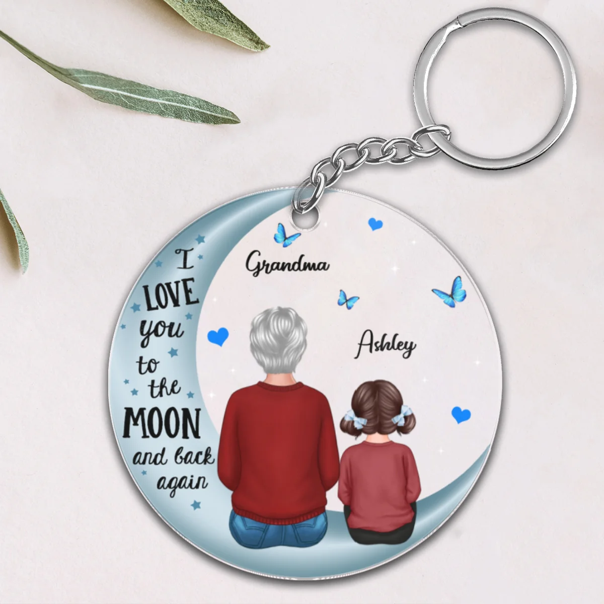 Grandma & Grandkids Back View On Blue Moon Personalized Acrylic Keychain - Image 4