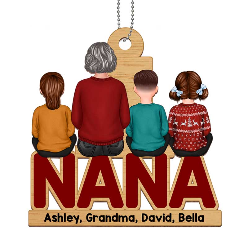 Grandma & Grandkids Back View Sitting 2026 Personalized Wooden Ornament - Image 2