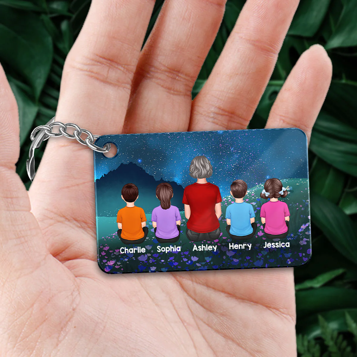 Grandma Grandkids Back View Sitting In Night Field Personalized Acrylic Keychain - Image 2