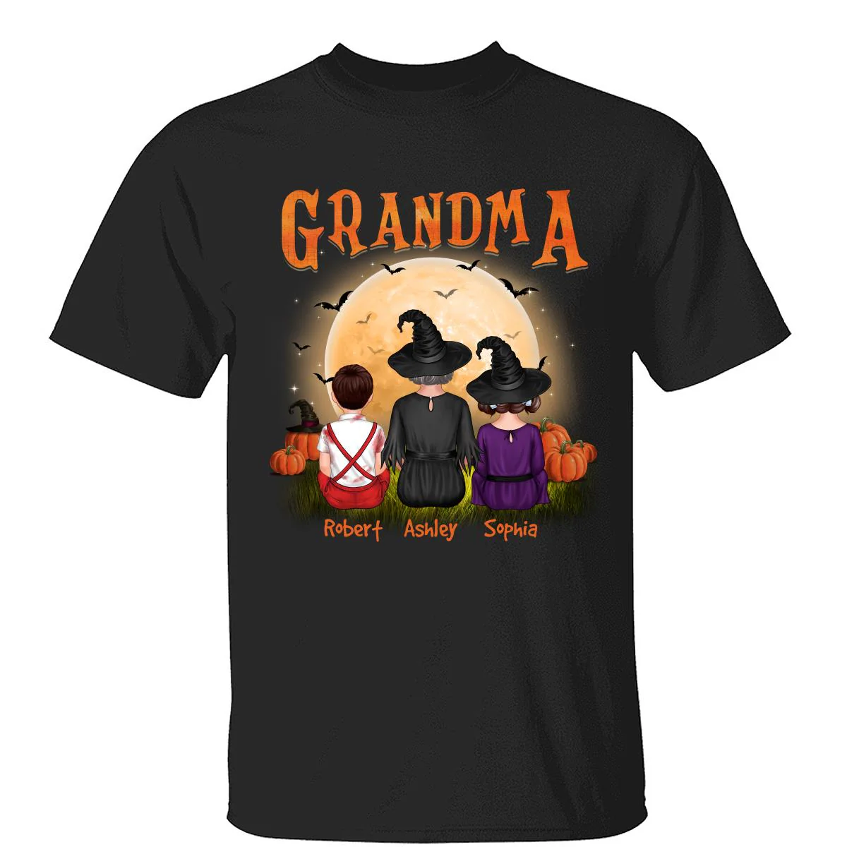 Grandma & Grandkids Back View Under Moonlight Halloween Personalized Shirt